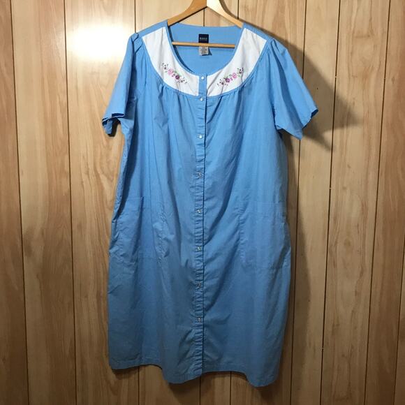 Basic Editions Blue Scoop Neck Short Sleeve Snap Closure Pocket House Dress L - Picture 1 of 4